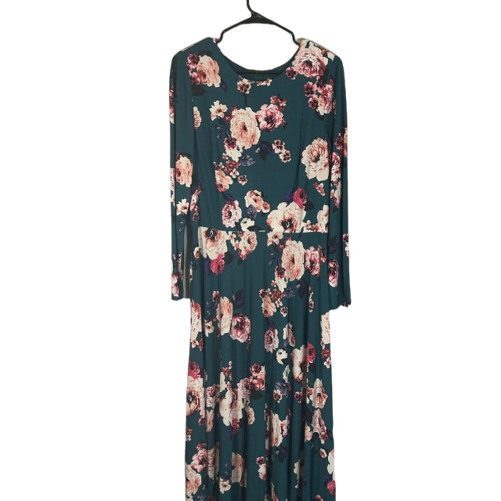 Eliza J Teal Green & Pink Floral Long Sleeve Long Maxi Dress Women Sz 14